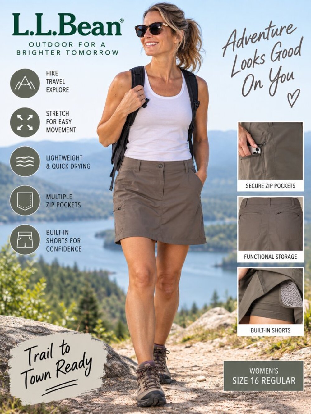 L.L.Bean Comfort Trail Skort 16 Ash Brown Hiking Travel Stretch Zip Pocket Skirt